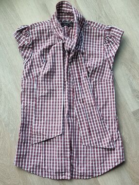 Club Monaco Red and White Plaid Tie-Neck Cap Sleeve Blouse